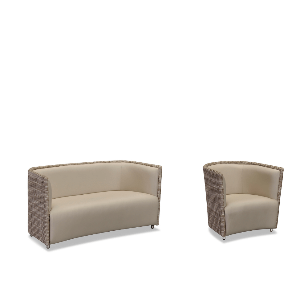 The product photo features two pieces of beige outdoor wicker furniture, both with curved designs. On the left, there's a loveseat with a frame made of beige wicker, and the cushions, including the seat and backrest, are made of light beige leather. The sofa is supported by four small metal legs. On the right, the armchair follows the same design style, with a beige wicker frame and light beige leather cushions for both the seat and backrest, also resting on four small metal legs.