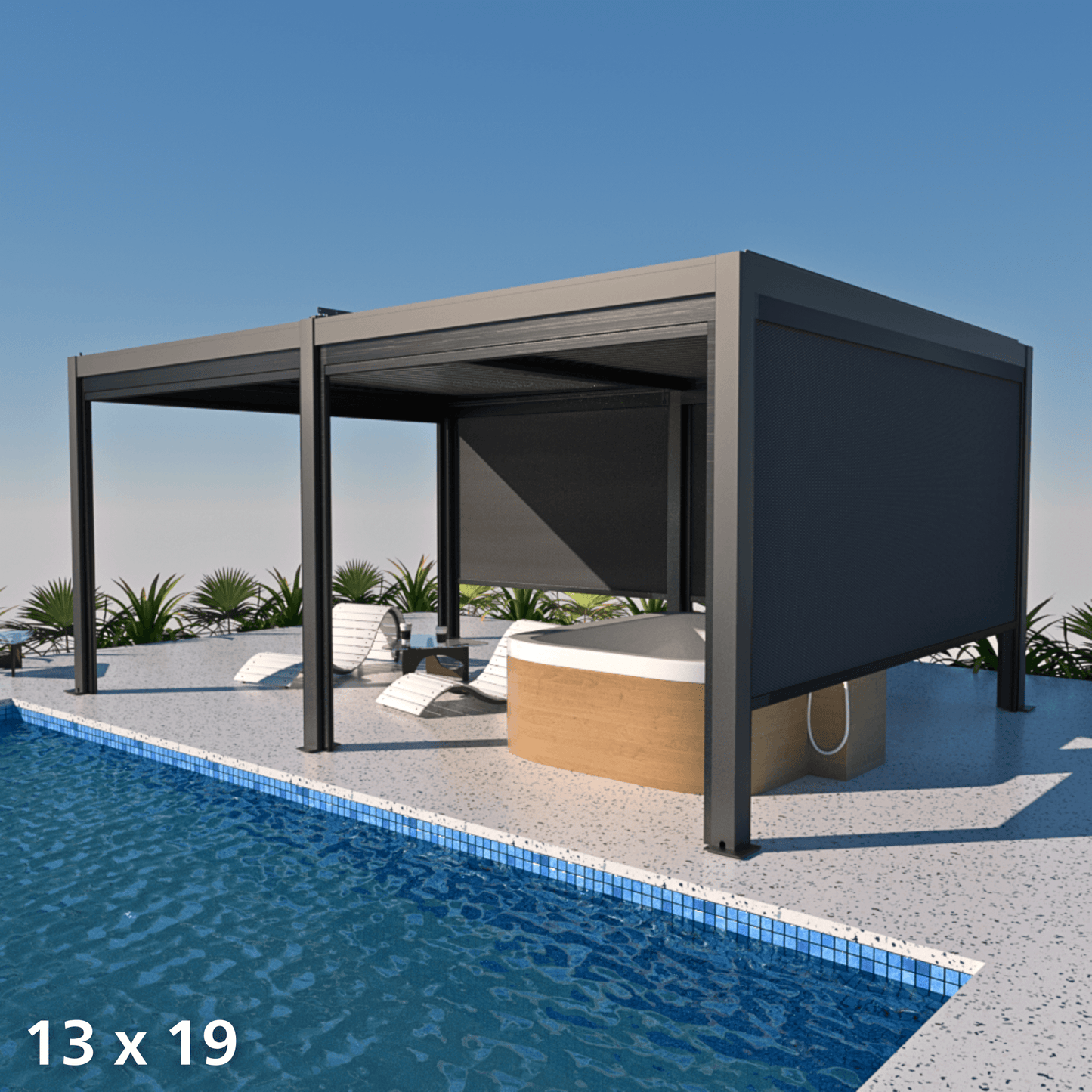 This daytime image showcases two connected dark gray Bon Pergola structures, providing continuous shade. The pergolas feature sturdy dark gray posts and beams with a modern, minimalist design. The pergola near the pool is equipped with manual retractable shades, partially lowered for extra sun protection and privacy. The platform is furnished with outdoor seating, including white lounge chairs and a light wood square hot tub, creating a relaxed and inviting outdoor space.