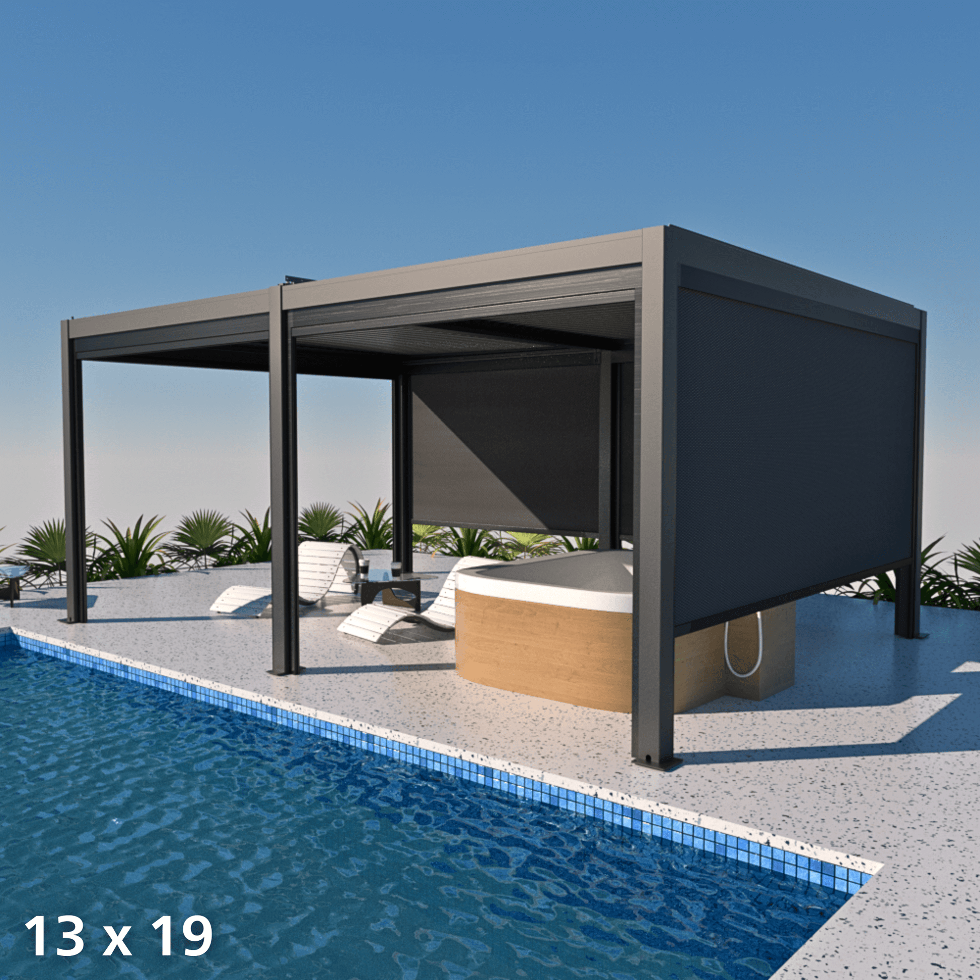 This daytime image showcases two connected dark gray Bon Pergola structures, providing continuous shade. The pergolas feature sturdy dark gray posts and beams with a modern, minimalist design. The pergola near the pool is equipped with manual retractable shades, partially lowered for extra sun protection and privacy. The platform is furnished with outdoor seating, including white lounge chairs and a light wood square hot tub, creating a relaxed and inviting outdoor space.
