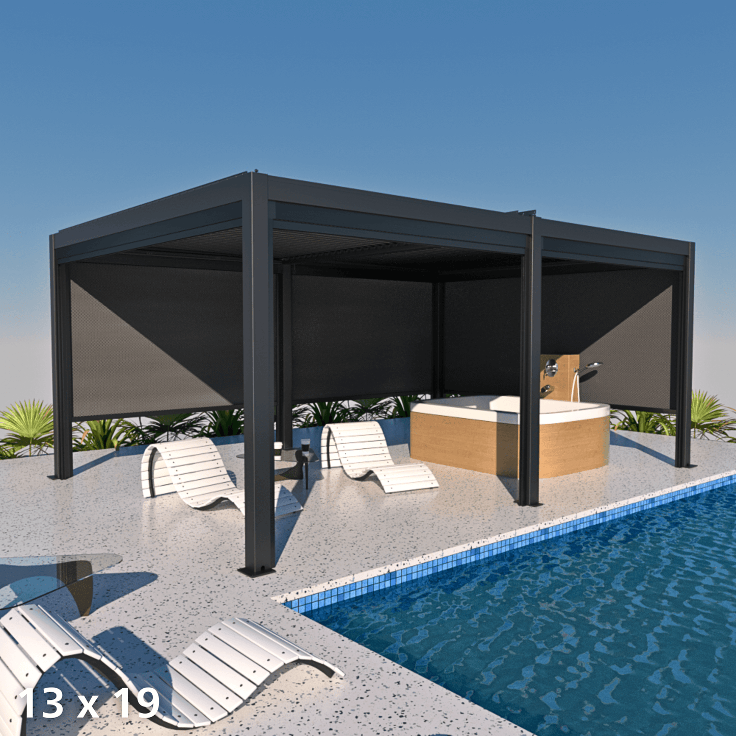 The dark gray Bon Pergola features closed louvers, creating a sleek roof over a modern poolside patio. A round light-wood hot tub, white loungers, and a small side table sit beside a blue pool. Surrounded by greenery, the space blends style and comfort with a resort-like vibe.