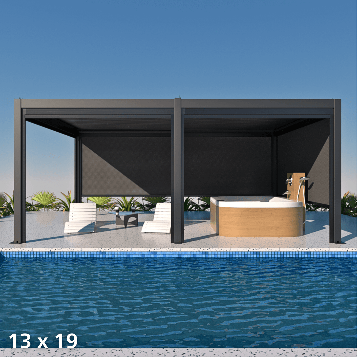 Two deep gray Bon Pergolas are installed side by side, featuring sturdy, modern posts and beams. Both pergolas have manual retractable side shades for added sun protection and privacy. Positioned next to a blue swimming pool, the patio area includes white lounge chairs, a light wood square hot tub, and a small side table—creating a sleek, relaxing outdoor retreat.