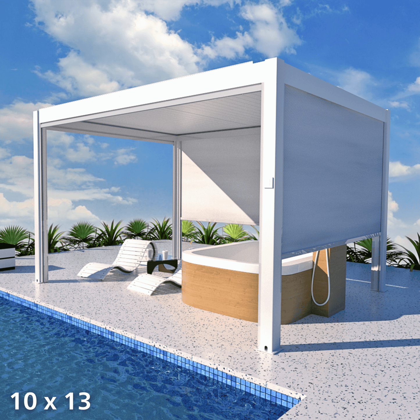 The white Bon Pergola features closed louvers and visible crossbeams, supported by sturdy white posts. Partially lowered white manual shade screens on the sides offer sun protection and privacy. One side borders a blue pool, with a light wood hot tub and two white loungers beneath. Lush tropical greenery surrounds the area, creating a relaxing retreat.