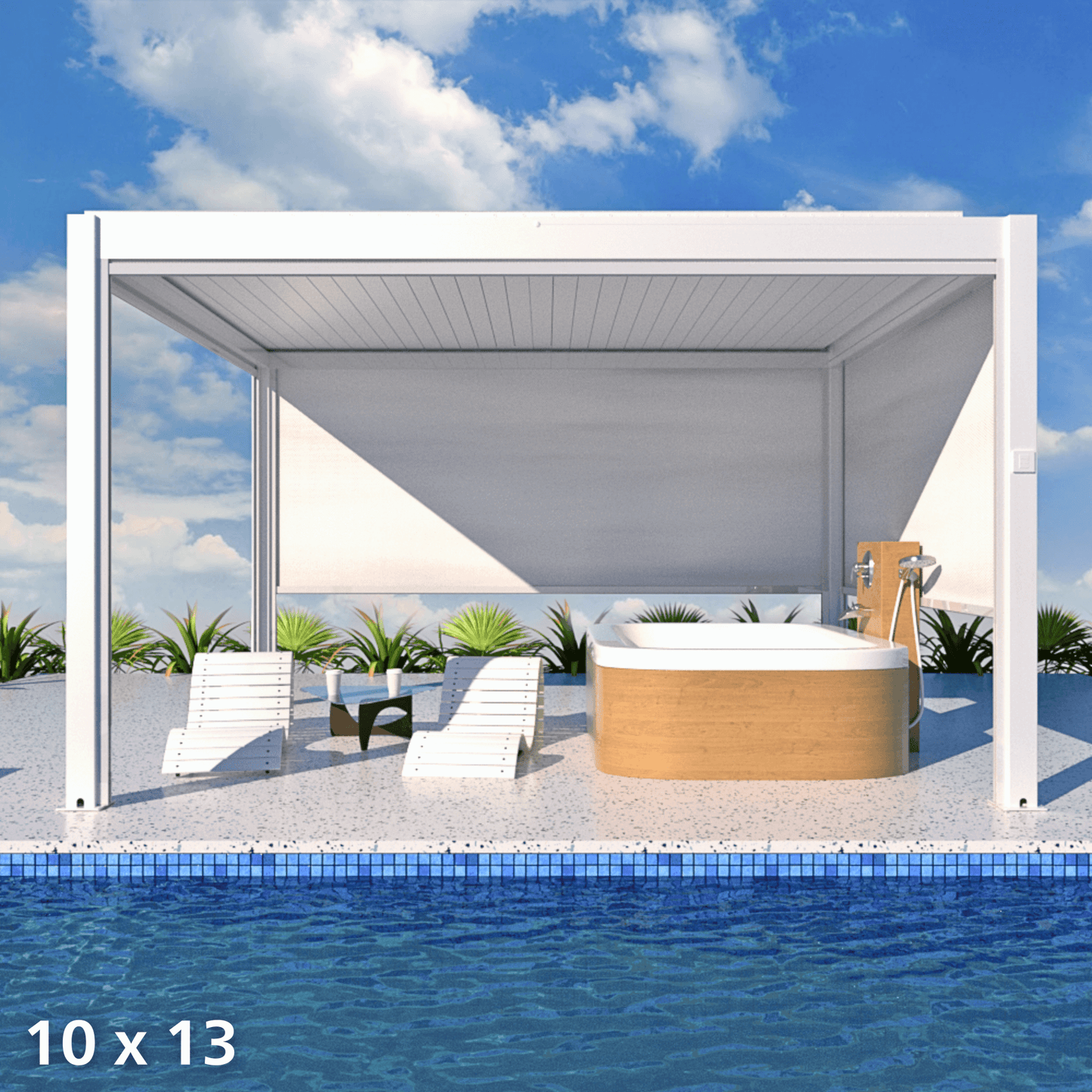 The white Bon Pergola features closed louvers forming a solid roof, supported by sturdy white beams and columns. White motorized shade screens are partially lowered for sun and privacy control. One side sits next to a blue swimming pool, creating a fresh, modern, and resort-like vibe.