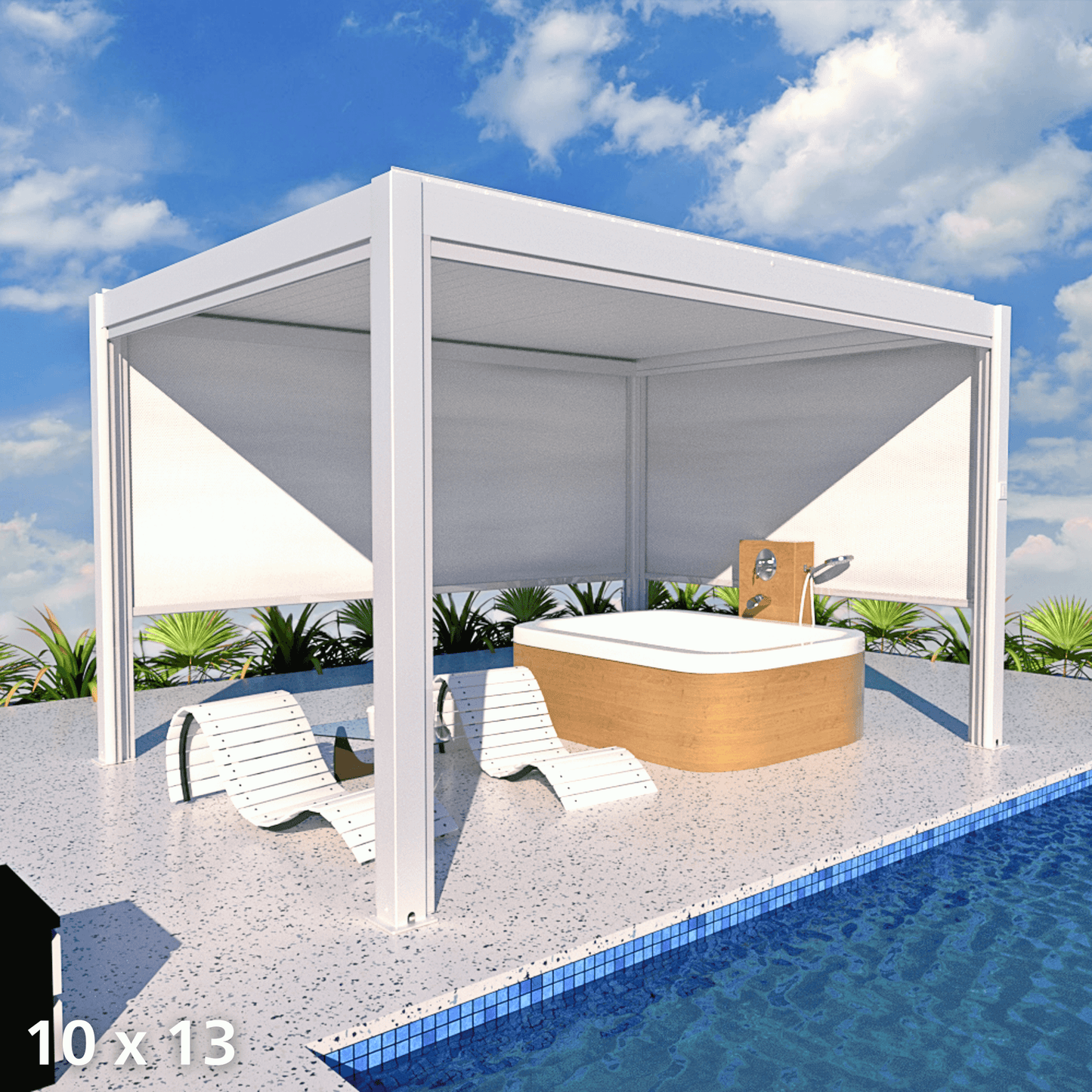 The white Bon Pergola showcases a sleek, modern design with thick white columns and beams. The side features retractable white sunshades, partially lowered for shade and privacy. One side of the platform is adjacent to a blue swimming pool. The patio is furnished with outdoor lounge pieces, including a light wood square hot tub with two white lounge chairs nearby. Surrounding the pergola are lush tropical plants, enhancing the outdoor retreat feel.