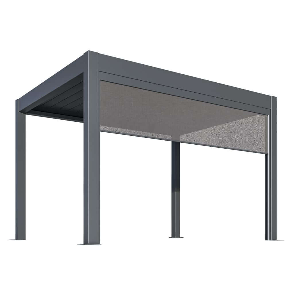 This product showcase features a dark gray Bon Pergola with closed dark-colored louvers forming a solid roof. Light gray shade screens are installed on both the front and side, part of the Bon Pergola Wind Resistant Screen – Weatherproof Pergola system. These screens provide shade, wind protection, and added privacy, while standing up to various weather conditions.