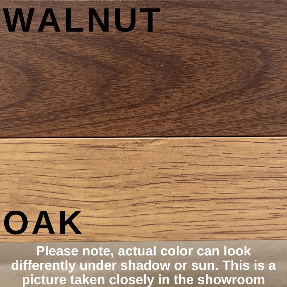 The sample labeled "WALNUT" displays a deep brown color with distinct dark wood grain, featuring a delicate texture with a slight sheen. The sample labeled "OAK" presents a light brown or beige color, with a coarser grain and more noticeable texture, featuring deeper lines and spots. Below the image, a note reads: "Please note, actual color can look differently under shadow or sun. This is a picture taken closely in the showroom.