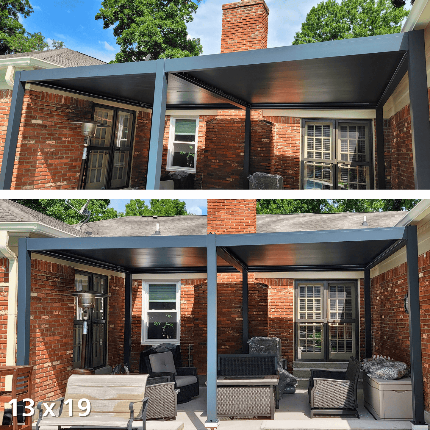 The louvers of the pergola are fully closed, creating a solid dark gray roof that offers complete shade. In the second image, the sunshade is partially retracted, revealing the beam structure above. When fully extended, the sunshade forms a deep gray roof, providing full coverage from the sun.