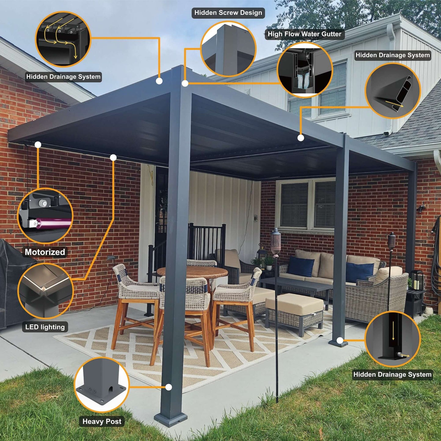This Bon Pergola showcases several key design features: the Hidden Screw Design keeps all fasteners concealed for a clean, sleek look. A High Flow Water Gutter efficiently channels rainwater, while the Hidden Drainage System directs it through internal pipes in the posts for discreet drainage. The Motorized system powers the adjustable louvers, and the Heavy Post design, along with its secure base, highlights the pergola’s stability and strength.