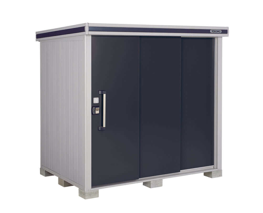 The YODOKO Premium Outdoor Large Shed LMDS by BON PERGOLA features a sleek, modern design with two dark gray sliding doors and a light gray frame. Elevated on concrete blocks for stability, it boasts durable coating inspired by Japanese craftsmanship.