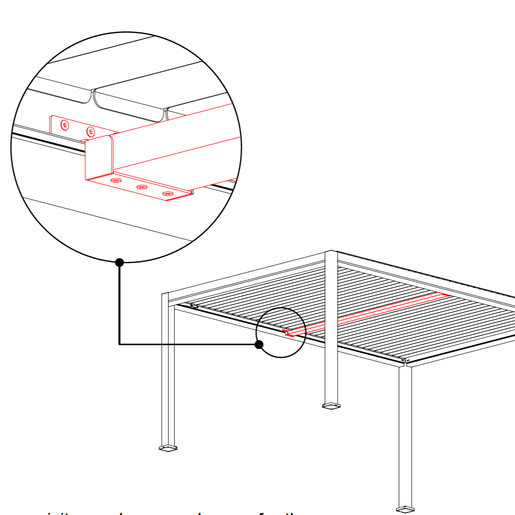 This is an engineering drawingThis is an engineering drawing showing a partial structure of a motorized louvered pergola. The top is made up of multiple parallel louvers, and below them, you can see the beams that support the louvers, along with the connectors linking the beams and louvers. The enlarged circle clearly displays the cross-section of the louvers, a red L-shaped metal bracket, and the screw holes used to secure the bracket to both the louvers and the underlying structure.