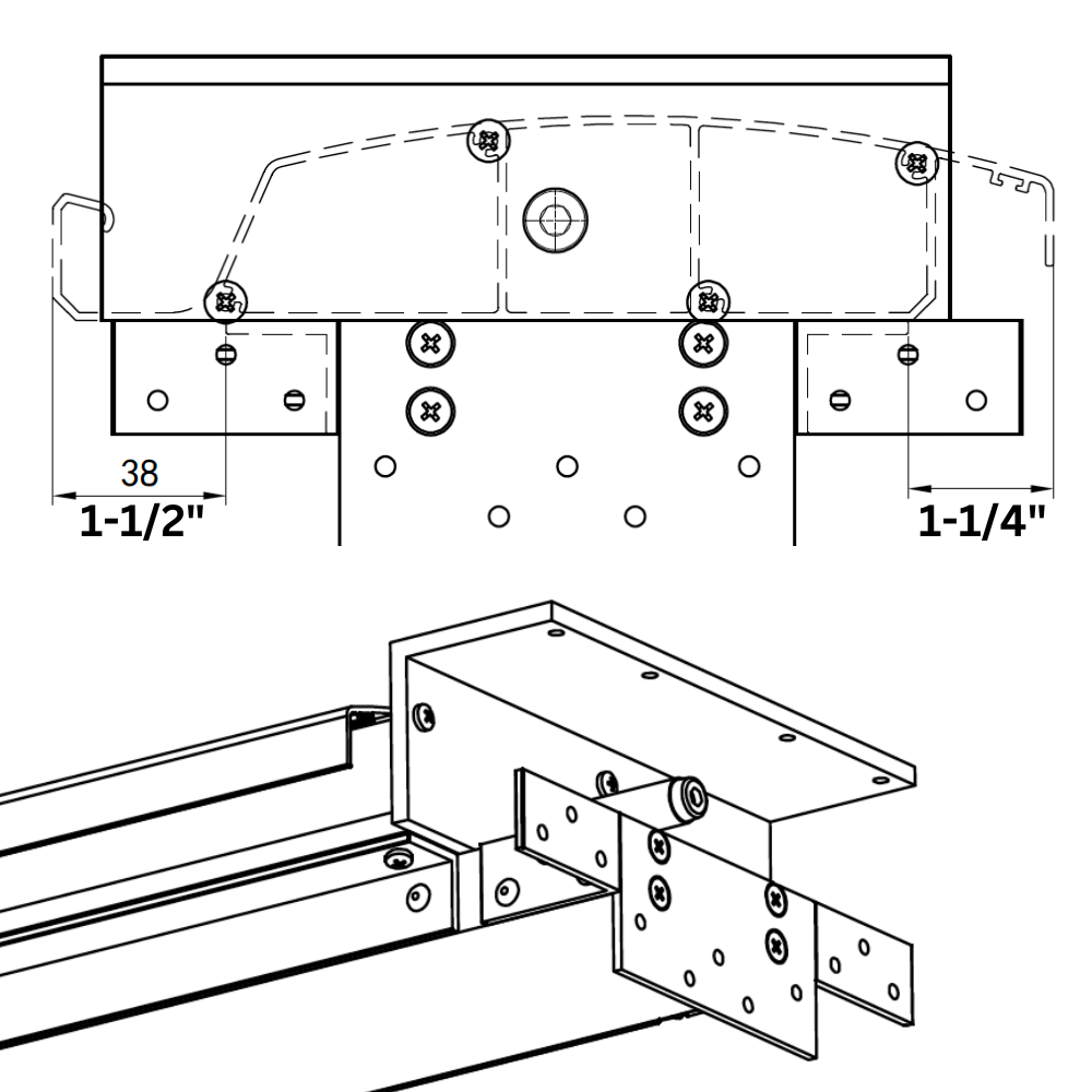 The BON PERGOLA Fan Beam technical drawing ideal for a weatherproof pergola assembly showcases multiple views, featuring precise measurements: 1-1/2 inches, 1-1/4 inches, and 38 units, along with screws and connection points for easy installation.