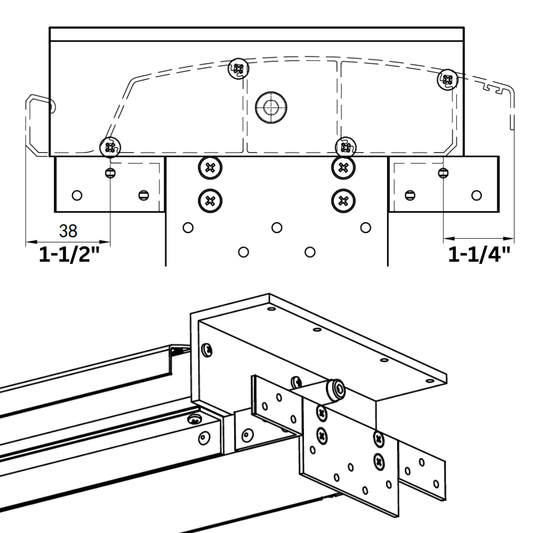The BON PERGOLA Fan Beam technical drawing ideal for a weatherproof pergola assembly showcases multiple views, featuring precise measurements: 1-1/2 inches, 1-1/4 inches, and 38 units, along with screws and connection points for easy installation.