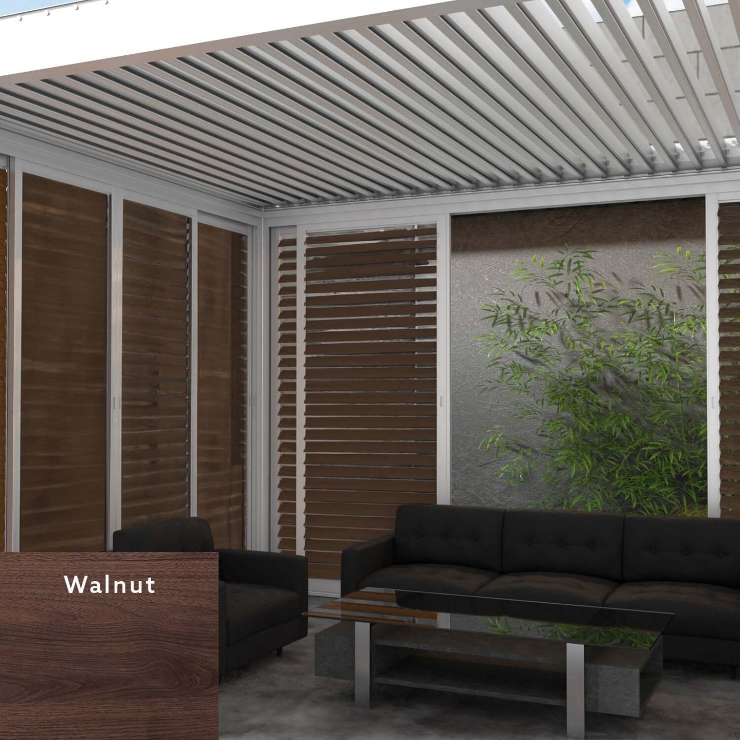 The white Bon Pergola features white louvers partially open, casting long, narrow shadows. The structure consists of slender white posts and beams. The side of the pergola is equipped with sliding doors and windows framed in white, filled with horizontal walnut-colored louvers. These louvers are partially open, allowing light and air to flow through.
