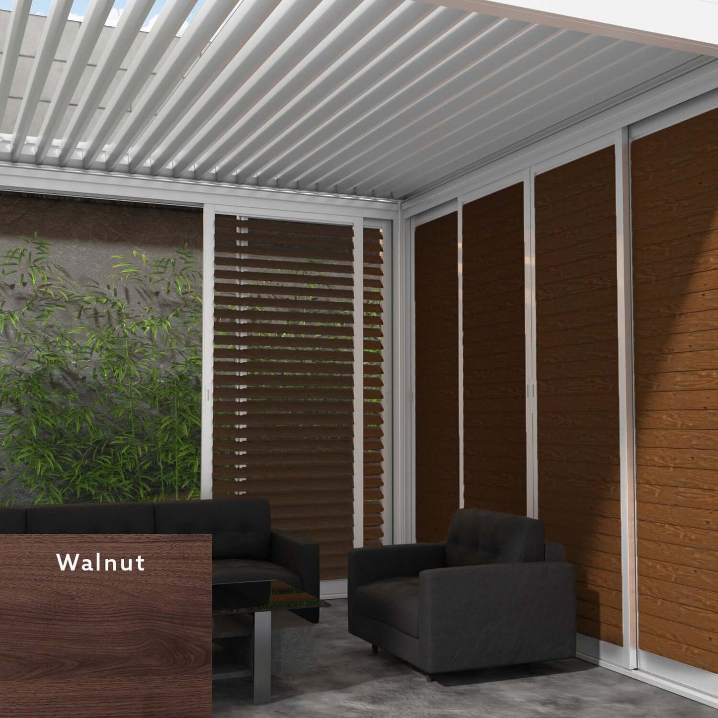The white Bon Pergola features partially opened white louvers on top, casting long, narrow shadows below. Its sleek structure is made of slim white posts and beams. Along the sides, white-framed sliding doors and windows are installed, some of which are filled with rich walnut-colored horizontal louvers, adding warmth and contrast to the clean design.