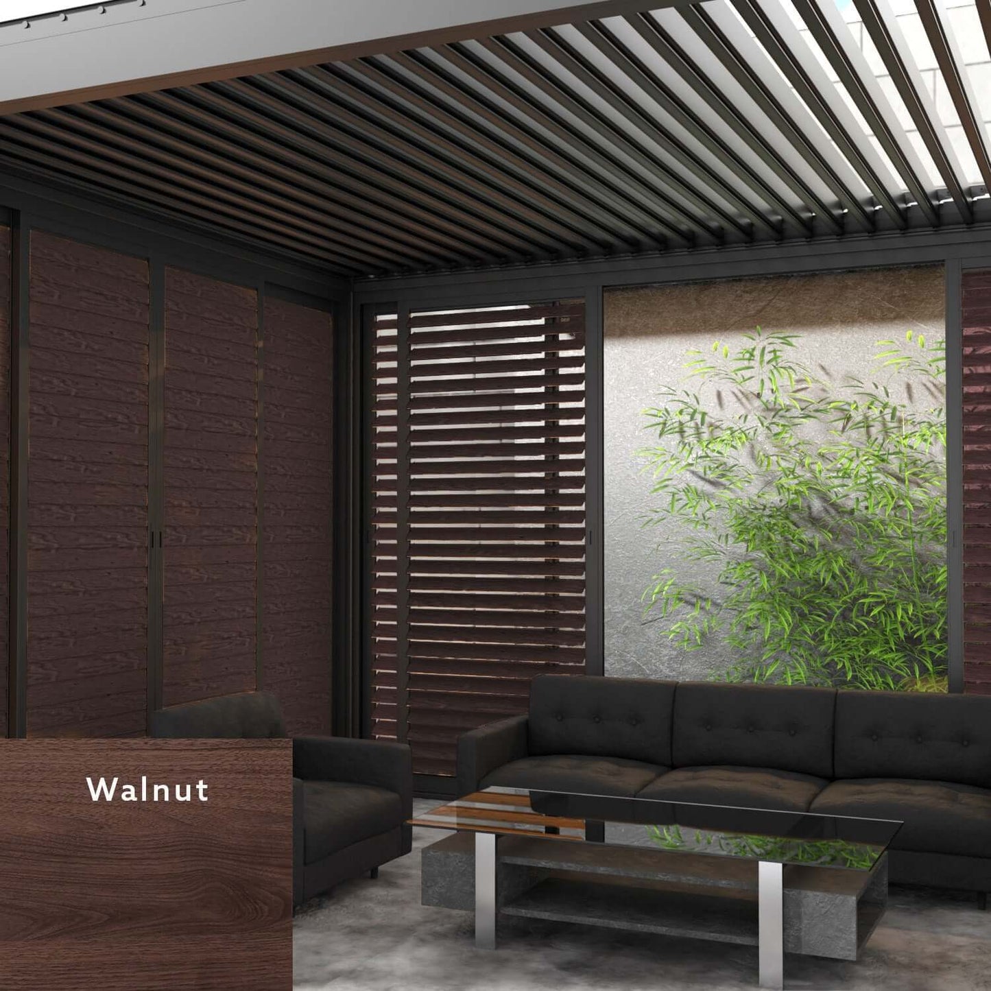 The dark brown Bon Pergola features partially open dark gray louvers that cast long, narrow shadows below. Its sleek structure is built with slim black posts and beams. On the side, black-framed sliding doors and windows are filled with horizontal walnut-colored louvers, partially open to let in light and airflow.