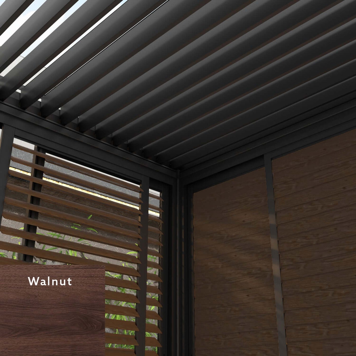 The Bon Pergola features a dark gray louvered roof, partially open to allow light through. Its structure is defined by sleek dark gray beams. Along the side, a dark gray-framed section includes horizontal walnut-colored louvers and walnut-toned wood-look panels, creating a warm, textured contrast within the modern design.