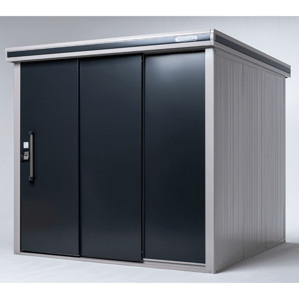 The YODOKO Premium Outdoor Large Shed LMDS by BON PERGOLA showcases Japanese craftsmanship with an industrial design. It features a sleek dark gray sliding door, light-colored walls and roof, clean lines, and includes a lock on the handle for added security.