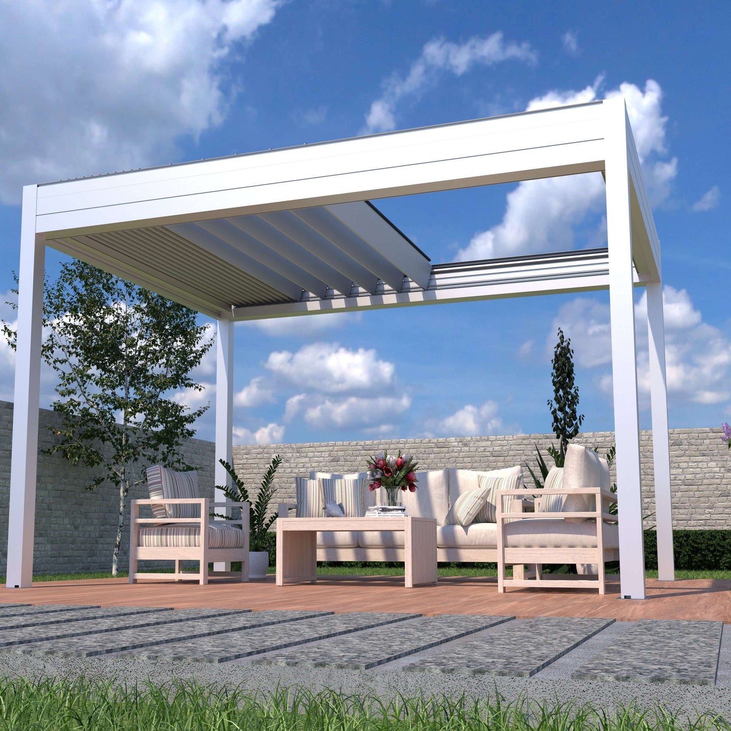 The white pergola The white pergola has its shade partially retracted, showing white beams and light gray louvers. It features sturdy white posts and beams with a modern design. Below, a set of beige outdoor furniture includes a long sofa, two armchairs, and a rectangular coffee table with flowers, books, and decor. The sofa and chairs have striped and solid cushions. The pergola is surrounded by green plants and trees, with a light-colored fence in the background.
