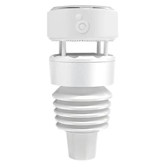 The device features a multi-layer cylindrical structure. The top is a wider cylinder with openings, likely for sensing wind speed or direction. A circular button and a smaller hole are located at the front of the top. The bottom tapers into a pointed design. The entire device has a sleek, modern white appearance, typical of outdoor electronic devices.