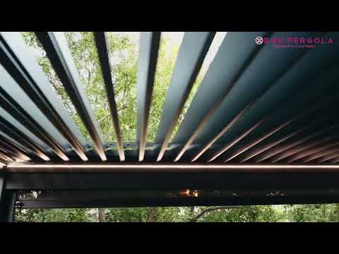 The video presents the full exterior design of the dark-colored Villa Pergola, clearly demonstrating the operation of the top louvers opening and closing. It emphasizes the lighting effects of the LED lighting system beneath the pergola and simultaneously showcases the process of lowering the windproof sunshades.