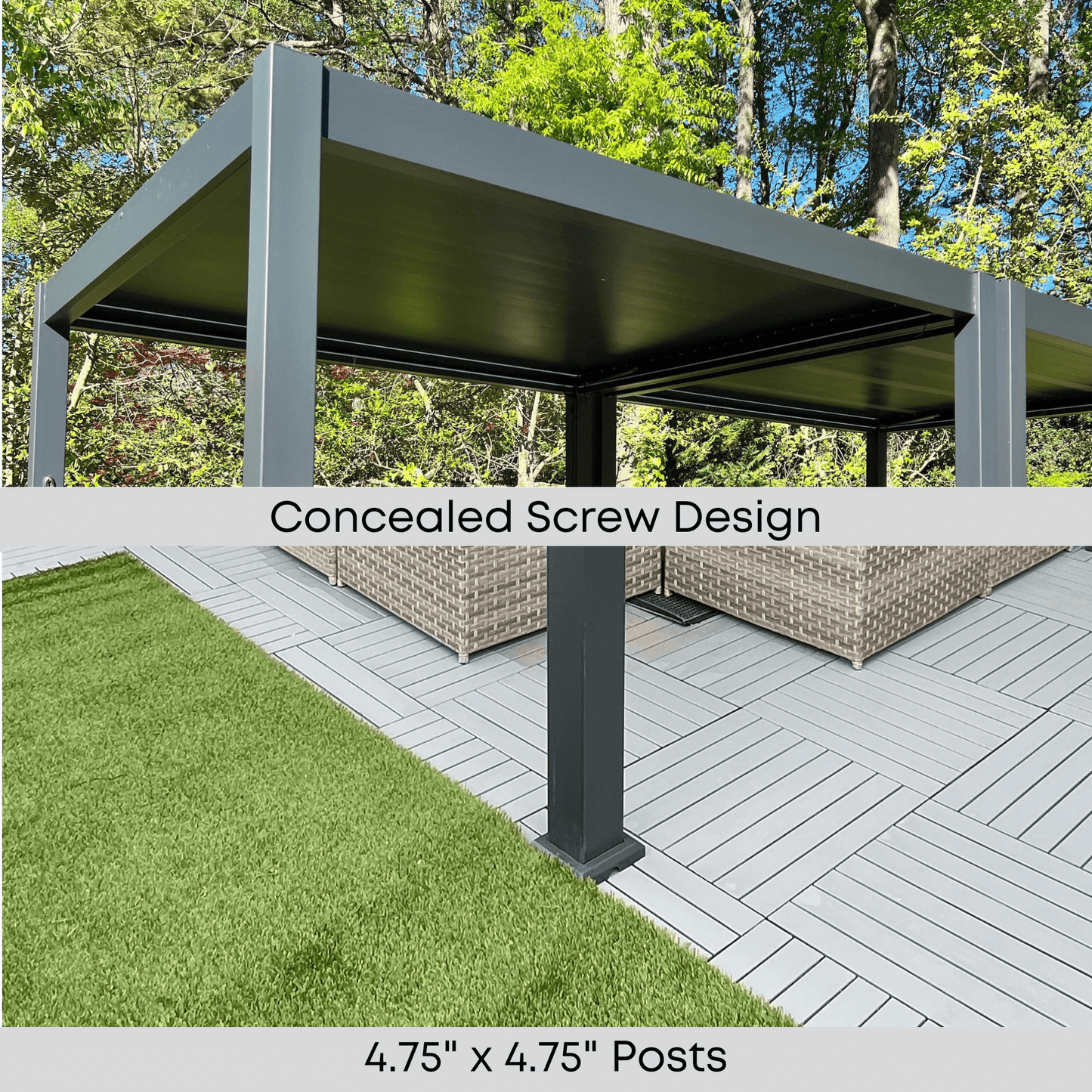 The upper section highlights the pergola’s top and partial structure. The deep gray louvers are fully closed, creating a smooth roof. A soft light strip along the edges provides ambient lighting. The text notes how screws used during assembly are cleverly hidden, enhancing the pergola’s sleek, clean appearance. Below, the text specifies the pergola’s columns measure 4.75 inches by 4.75 inches, emphasizing the solid, sturdy construction.