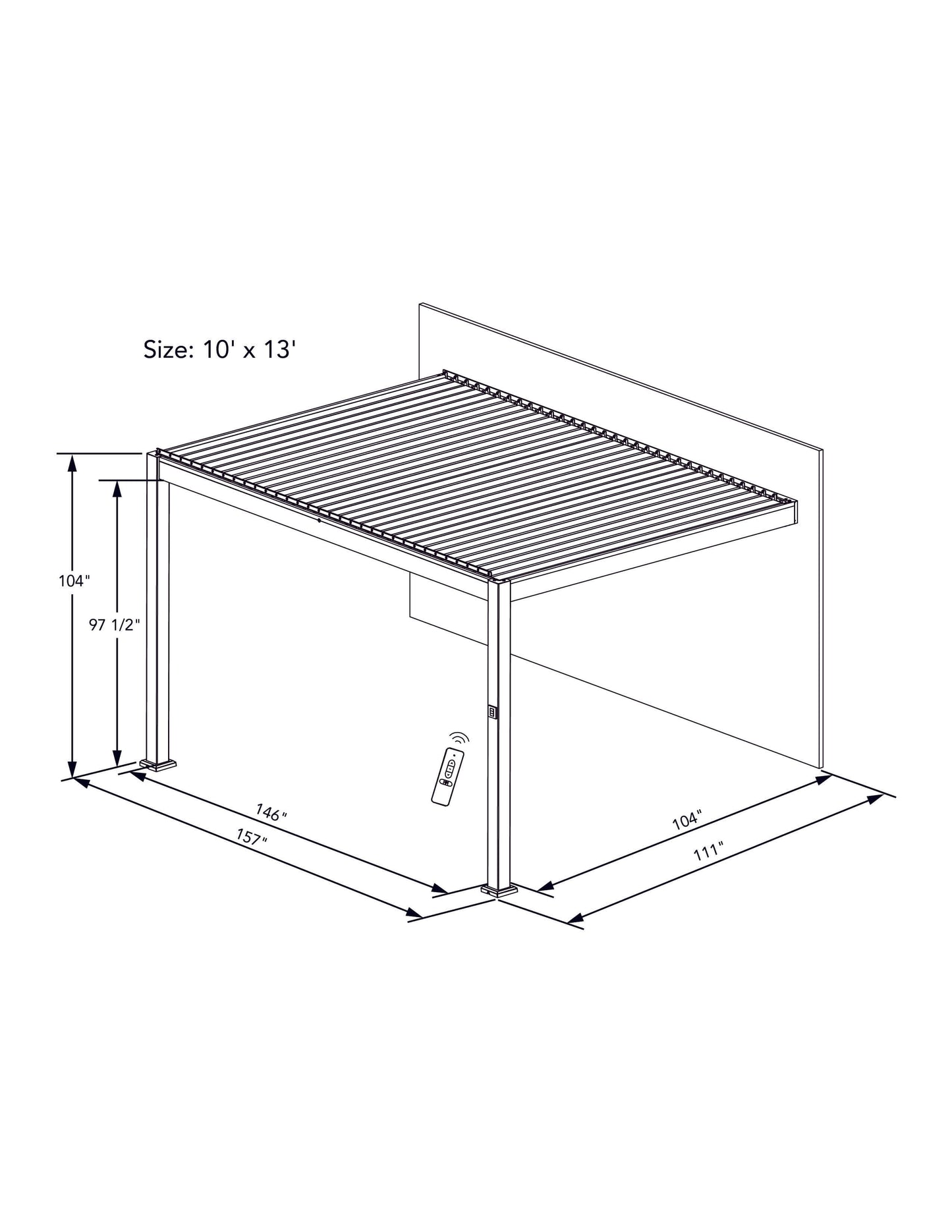 This is a size diagram of the Bon Pergola 10' x 13' motorized louver pergola, which also includes an illustration of a remote control, indicating its motorized operation. The diagram outlines the pergola’s structure with lines and labels the dimensions of each part. This provides a clear and detailed representation of the pergola's size, layout, and functionality.