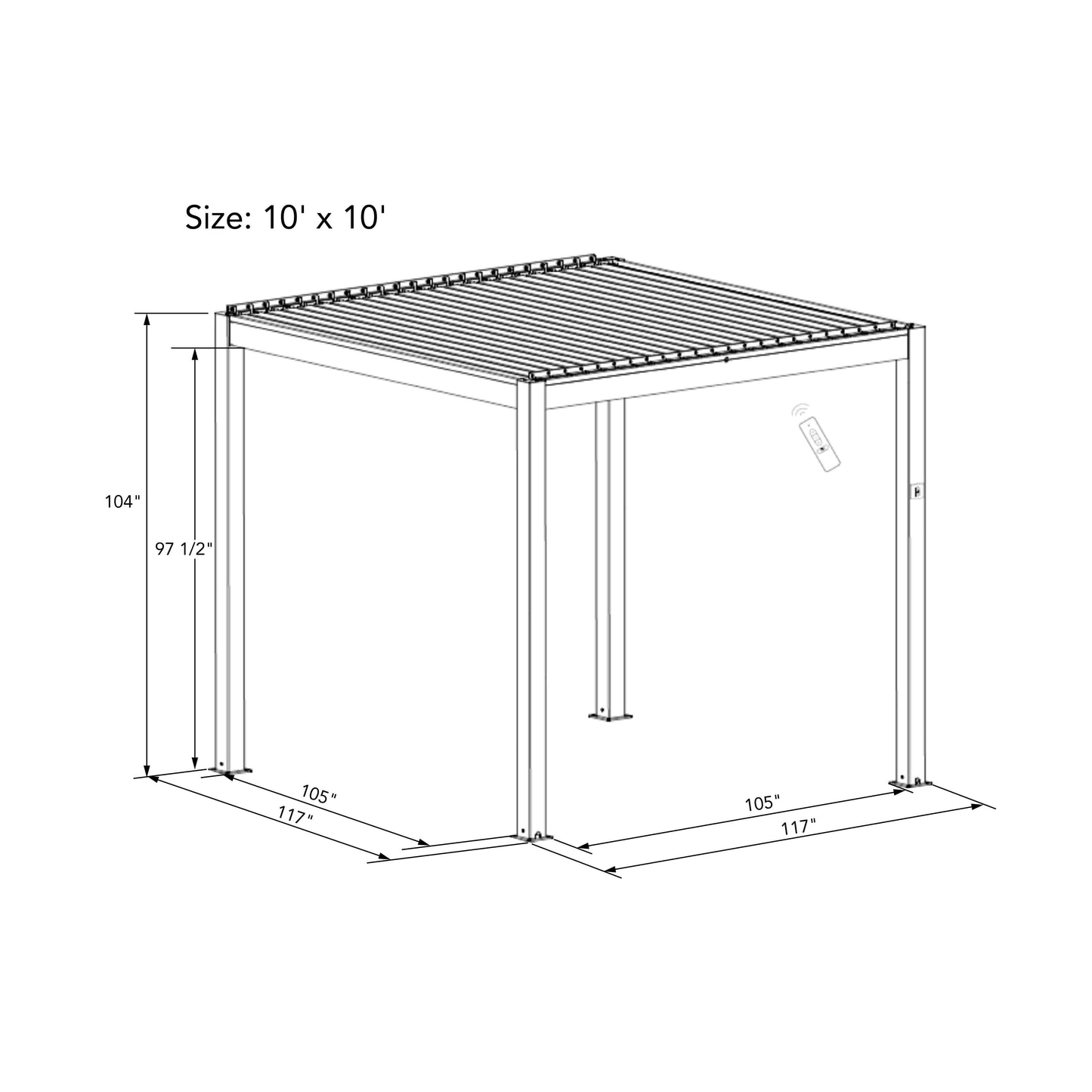 The Bon Pergola 10' x 10' Electric Louvered Pergola is designed with precise dimensions and functionality to enhance the outdoor experience.