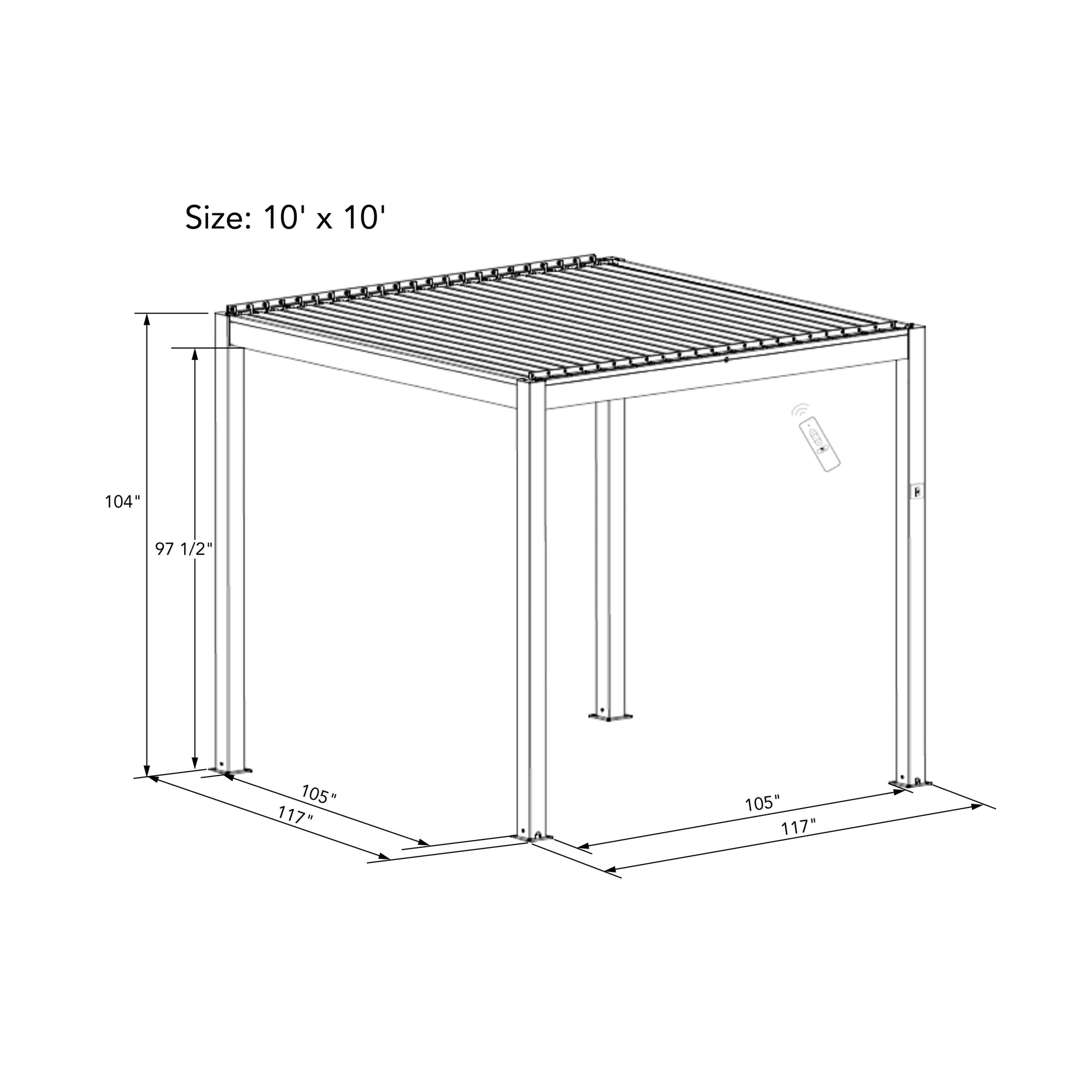 The Bon Pergola 10' x 10' Electric Louvered Pergola is designed with precise dimensions and functionality to enhance the outdoor experience.