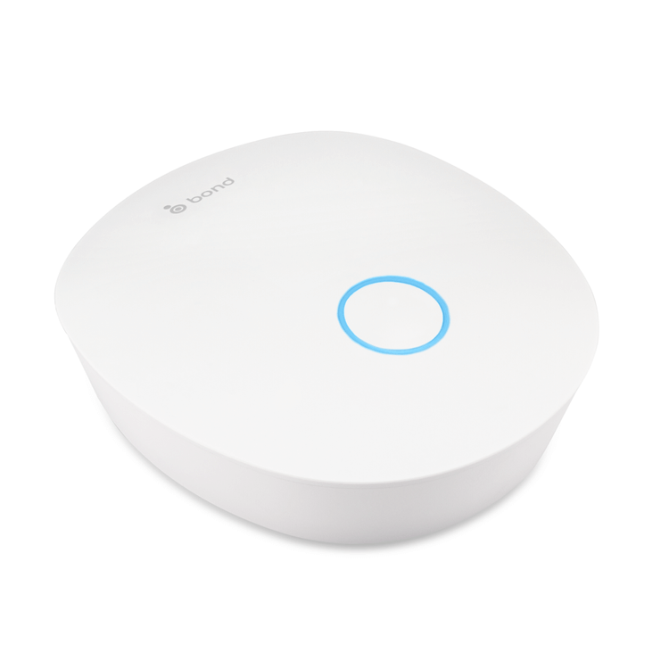 The Bond Bridge Pro is a sleek, white, circular device with a minimalist design. At the center of the top surface, there’s a blue LED ring that serves as a status indicator. Along the edge of the top, you’ll find a small, subtle "bond" logo, adding a clean branded touch to the modern look.