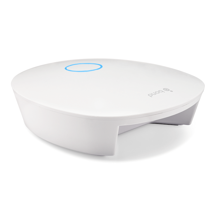 The Bond Bridge Pro is a sleek, white, circular device with a minimalist design. At the center of the top surface, there’s a blue LED ring that serves as a status indicator. Along the edge of the top, you’ll find a small, subtle "bond" logo, adding a clean branded touch to the modern look.