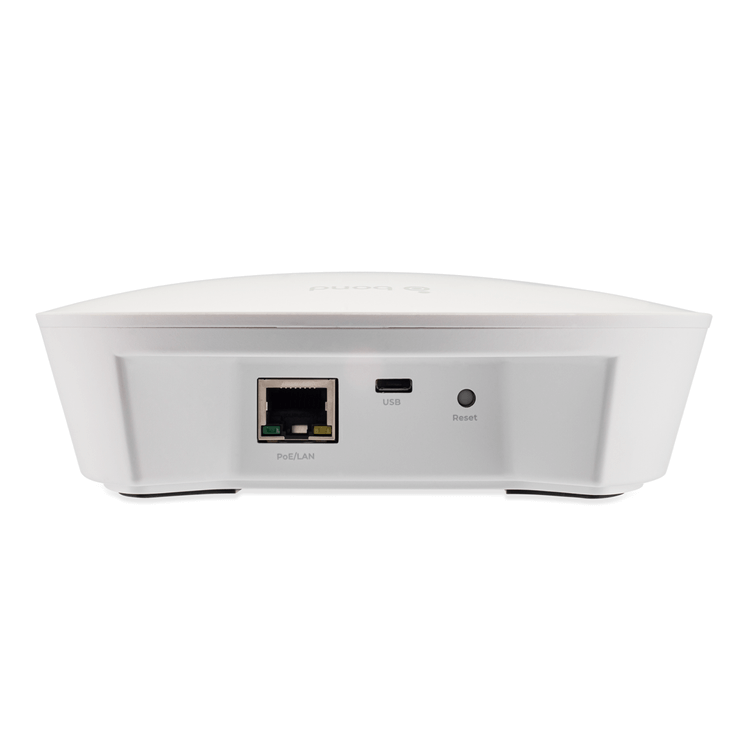This photo shows the back of the Bond Bridge Pro, set against a clean white background. Several ports and buttons are visible on the rear panel of the device:
PoE/LAN: An Ethernet port that supports Power over Ethernet (PoE) or can be used for standard LAN connectivity.
USB: A USB port, likely used for power or firmware updates.
Reset: A reset button to restore the device to its factory settings.