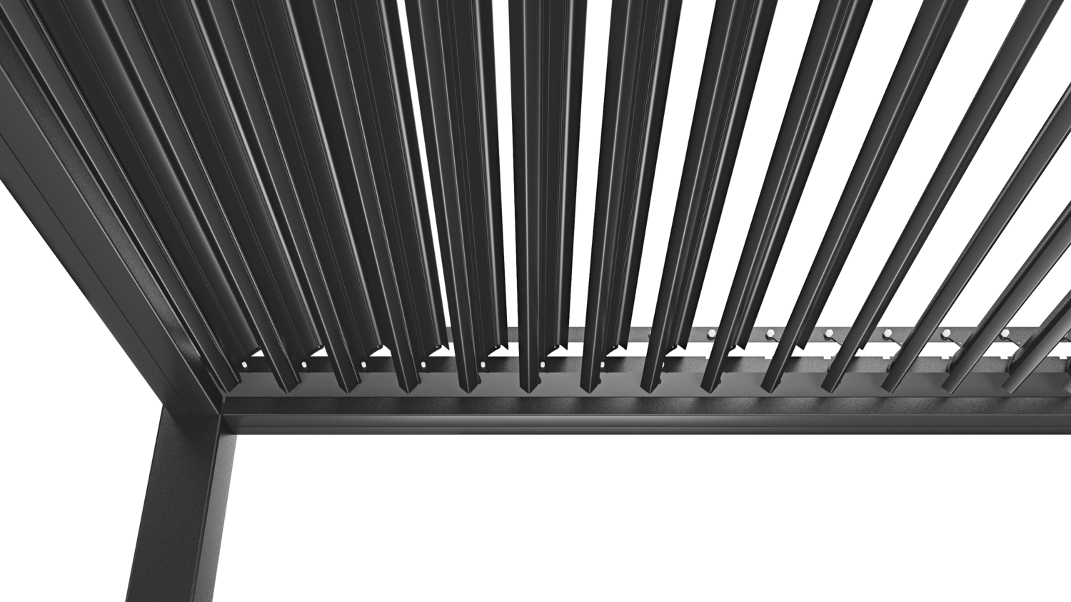 The top of the Starry Pergola reveals its manually retractable louvered design, with aluminum slats partially open to control sunlight. Just beneath the edge of the louvers, a row of small built-in lights—likely LEDs—adds subtle illumination. The pergola’s sturdy frame is clearly visible, and the adjustable aluminum louvers are a standout feature, offering customizable shade and comfort.
