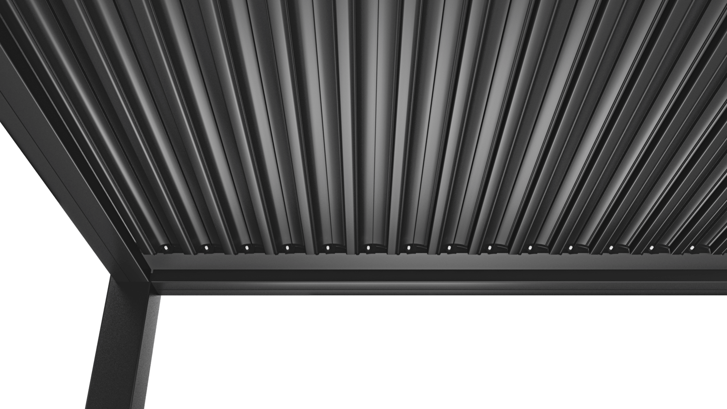 The top of the Starry Pergola clearly displays its manually retractable louvered structure. The louvers are partially open, with the slatted blades arranged at an angle. The pergola’s framework is also clearly visible, and its aluminum louvers are a key feature, allowing users to adjust the shading effect as desired.