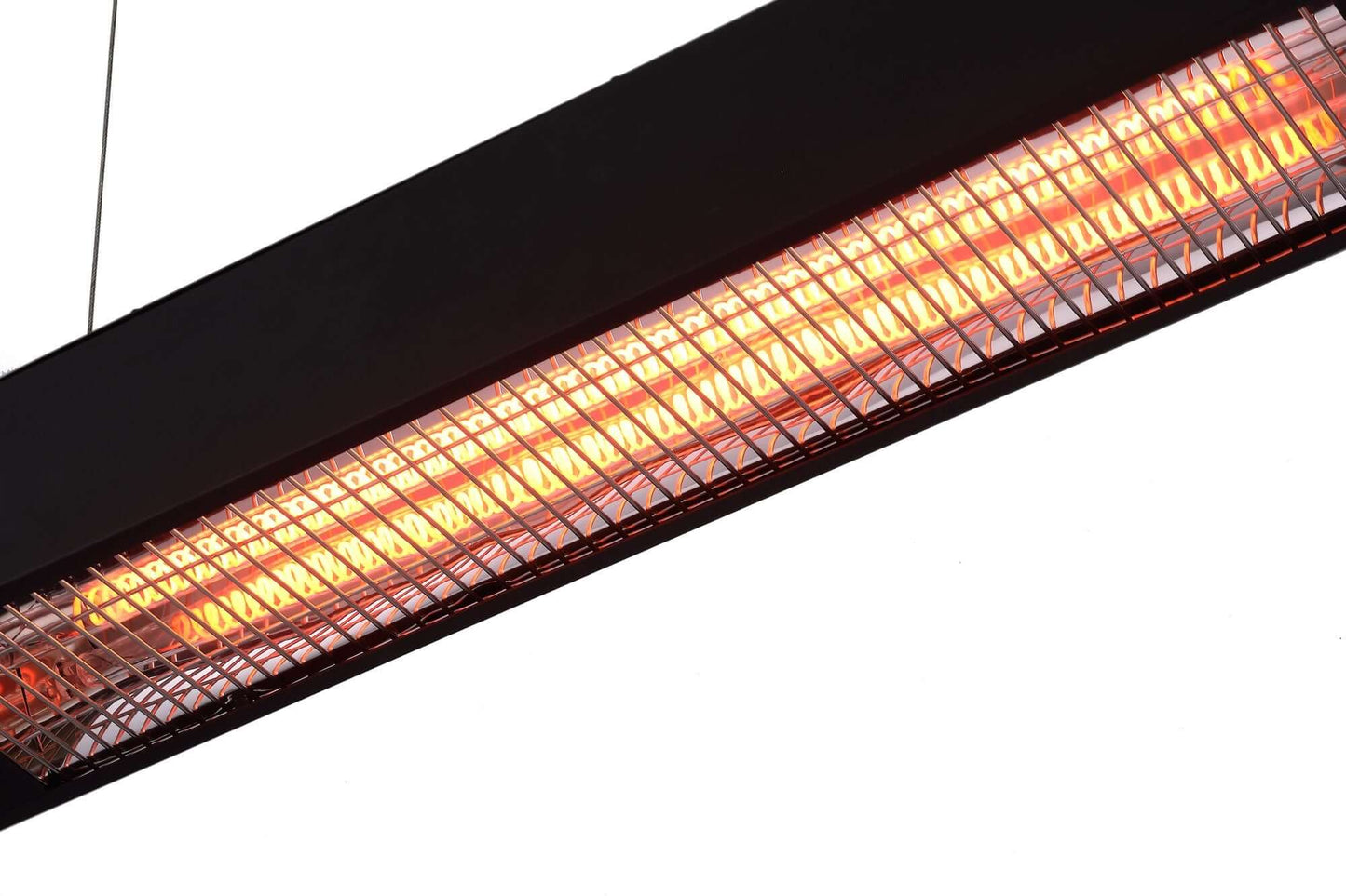 The BON 1500W Heater is a sleek, black, rectangular outdoor infrared heater shown in operation. Its front features a glowing orange-red heating tube, protected by a metal mesh cover. The slim, modern design and black finish make it easy to blend with a variety of outdoor décor styles while providing effective, radiant warmth.