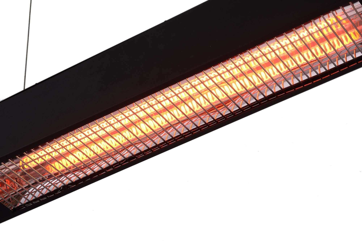 The BON 1500W Heater is a sleek, black, rectangular outdoor infrared heater shown in operation. Its front features a glowing orange-red heating tube, protected by a metal mesh cover. The slim, modern design and black finish make it easy to blend with a variety of outdoor décor styles while providing effective, radiant warmth.