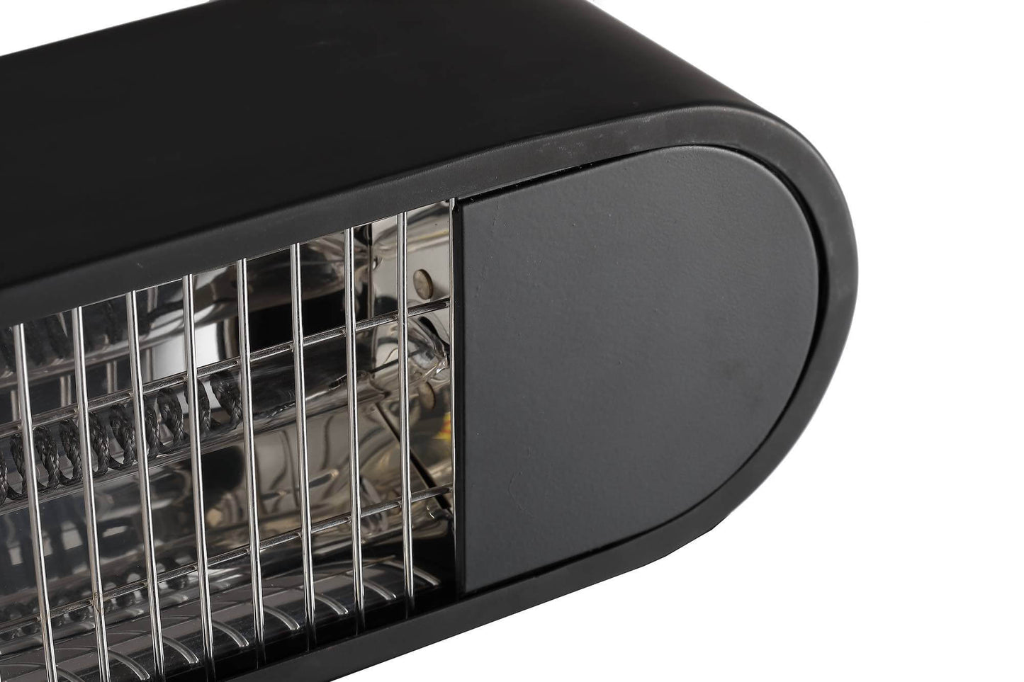A close-up of the BON 1500W Heater highlights one end of the sleek, black infrared outdoor unit. Through the metal mesh front, the internal heating tube is visible, glowing softly. The end cap appears thoughtfully designed—likely serving both to protect internal components and enhance the heater’s clean, modern look.