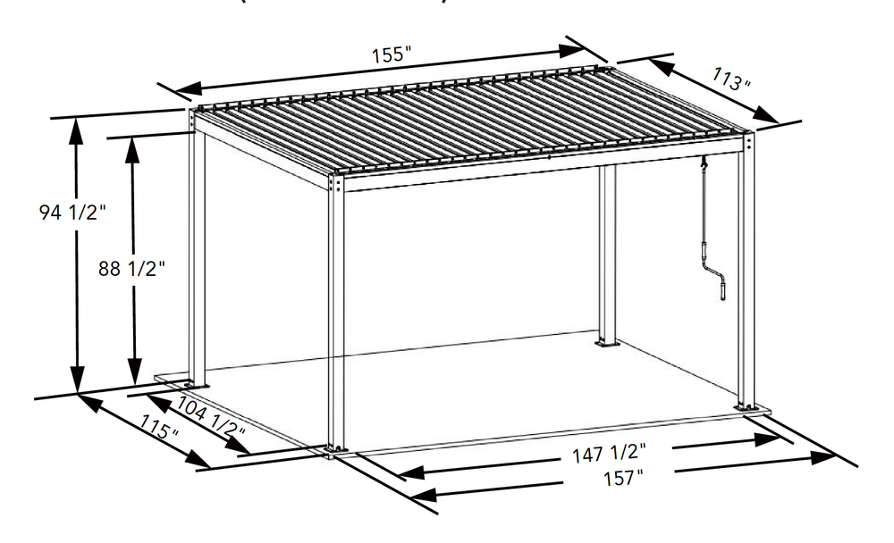 A dark gray aluminum pergola with manual louvers that can be adjusted to provide shade and privacy. Perfect for backyards, patios, and decks.