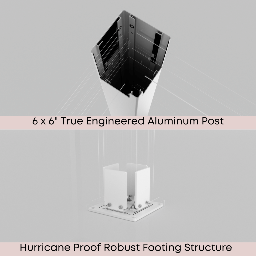 This BON PERGOLA detail highlights two key components: the 6" x 6" engineered aluminum post, featuring a reinforced box profile for strength and wind resistance, and the hurricane-proof footing, which securely anchors the post to the ground using a heavy-duty base plate and multiple bolts.