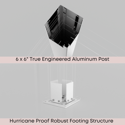 This BON PERGOLA detail highlights two key components: the 6" x 6" engineered aluminum post, featuring a reinforced box profile for strength and wind resistance, and the hurricane-proof footing, which securely anchors the post to the ground using a heavy-duty base plate and multiple bolts.