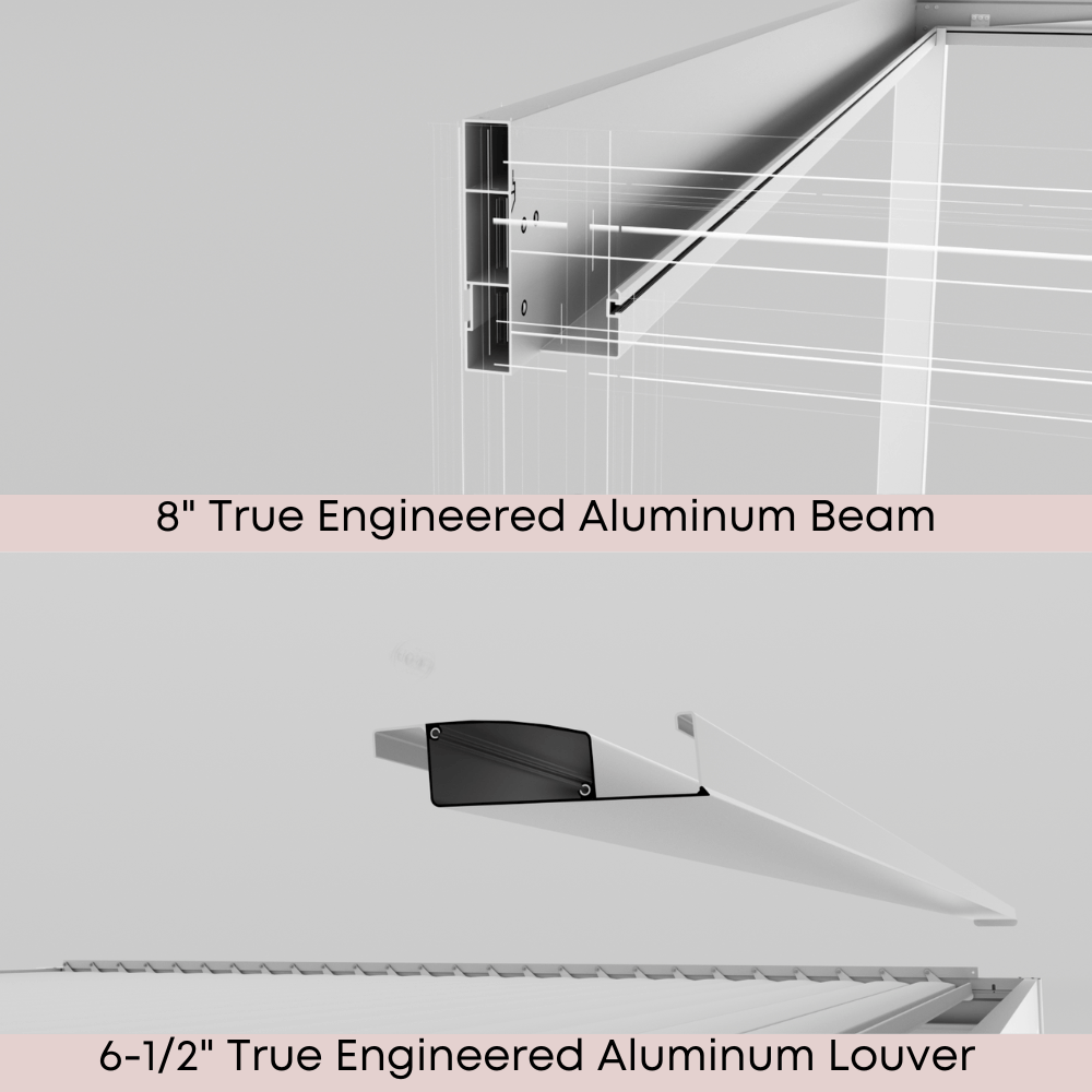 This BON PERGOLA detail highlights two key structural components. The top section showcases the 8" True Engineered Aluminum Beam, the main structural support of the pergola. It features a strong box-shaped profile with internal reinforcements and is securely fastened to the frame with bolts or other connectors. The lower section shows the 6-1/2" True Engineered Aluminum Louver, the adjustable roof element designed to control sunlight and airflow for optimal comfort.