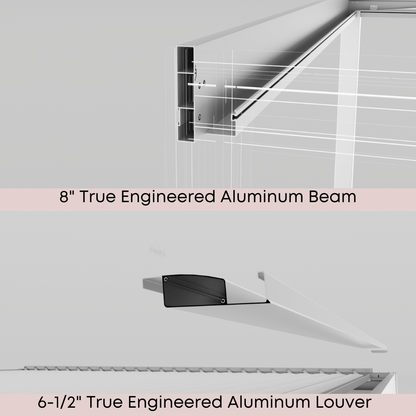 This BON PERGOLA detail highlights two key structural components. The top section showcases the 8" True Engineered Aluminum Beam, the main structural support of the pergola. It features a strong box-shaped profile with internal reinforcements and is securely fastened to the frame with bolts or other connectors. The lower section shows the 6-1/2" True Engineered Aluminum Louver, the adjustable roof element designed to control sunlight and airflow for optimal comfort.