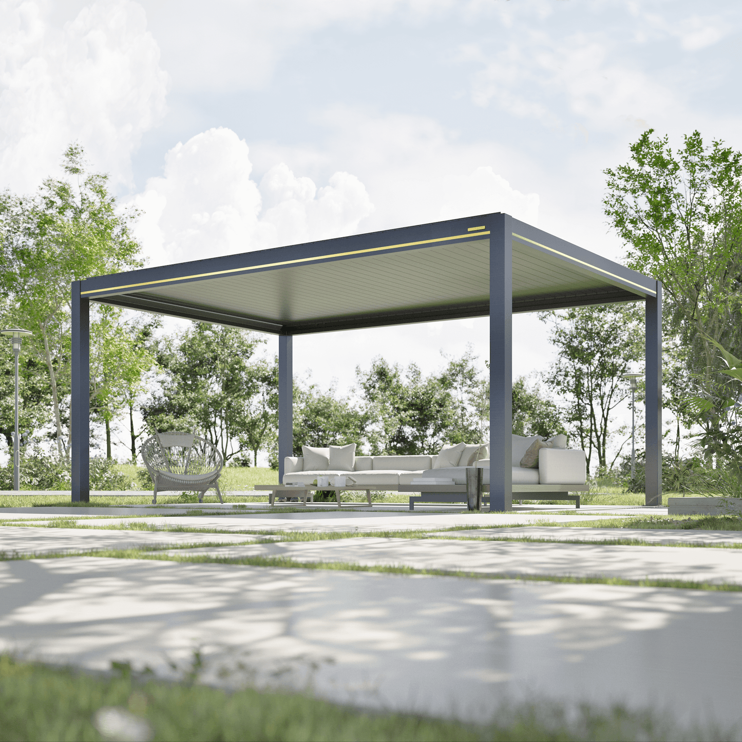 The top of the pergola features closed louvers, creating a smooth, dark gray ceiling. The structure is made of thick dark gray columns and beams, with a thin yellow line decorating the top edge of the beams. Below, there’s a set of beige outdoor lounge furniture, including an L-shaped sofa with several beige cushions and a light gray woven armchair. In front of the sofa, there's a low white coffee table.