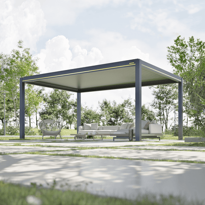 The top of the pergola features closed louvers, creating a smooth, dark gray ceiling. The structure is made of thick dark gray columns and beams, with a thin yellow line decorating the top edge of the beams. Below, there’s a set of beige outdoor lounge furniture, including an L-shaped sofa with several beige cushions and a light gray woven armchair. In front of the sofa, there's a low white coffee table.