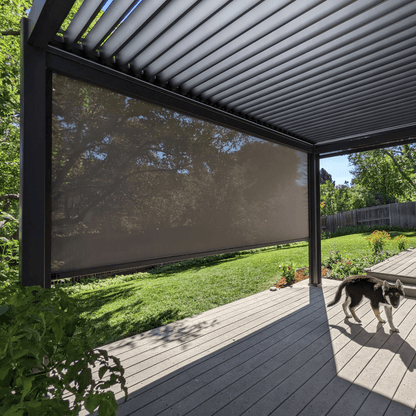A black Bon Pergola, with motorized louvered roof panels, stands over a patio decked in light gray wood. One side of the pergola features a dark-colored sunshade screen. The patio is open and uncluttered, with just a small dog wandering through the sunlight.