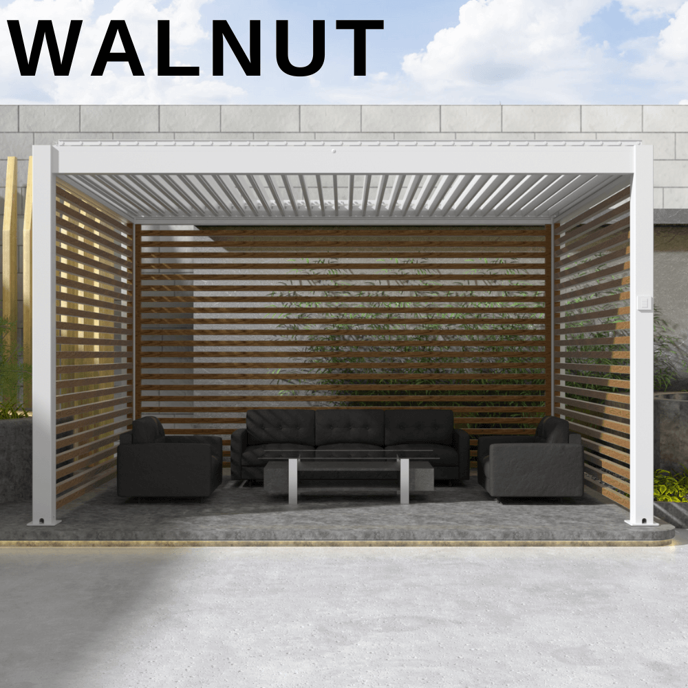 The white Bon Pergola features a structure made of sturdy white posts and beams with a sleek, modern design. The side of the pergola is adorned with horizontally arranged walnut-colored (WALNUT) wooden slats, which, though made of aluminum, mimic the texture of walnut wood.