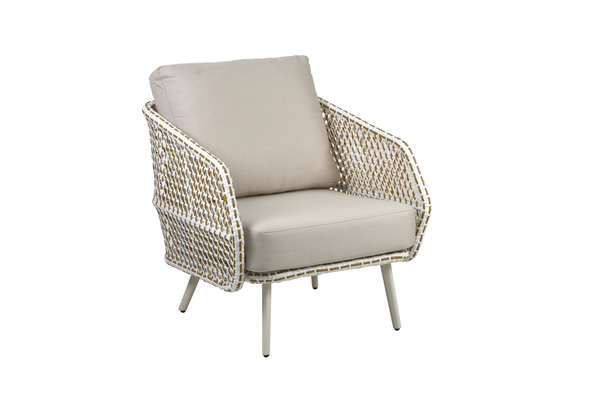 This is an outdoor single armchair with elegantly curved arms that gently rise. It features a thick seat cushion and a wide back cushion, offering a comfortable seating experience. The white frame is cleverly wrapped in two-tone woven ropes, creating an interwoven mesh pattern. Slim white metal legs provide sturdy support for the entire piece.
