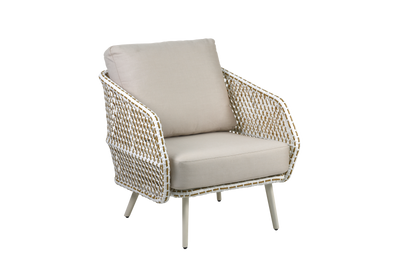This is an outdoor single armchair with elegantly curved arms that gently rise. It features a thick seat cushion and a wide back cushion, offering a comfortable seating experience. The white frame is cleverly wrapped in two-tone woven ropes, creating an interwoven mesh pattern. Slim white metal legs provide sturdy support for the entire piece.