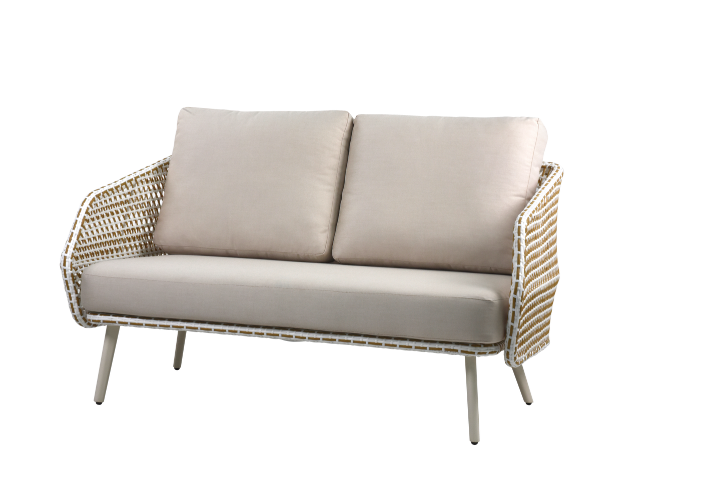 This is a sleek, modern outdoor two-person sofa. The white frame is paired with a two-tone woven design, featuring a white base with brown detailing, creating a horizontal texture. The plush seat and back cushions are upholstered in light beige linen fabric.