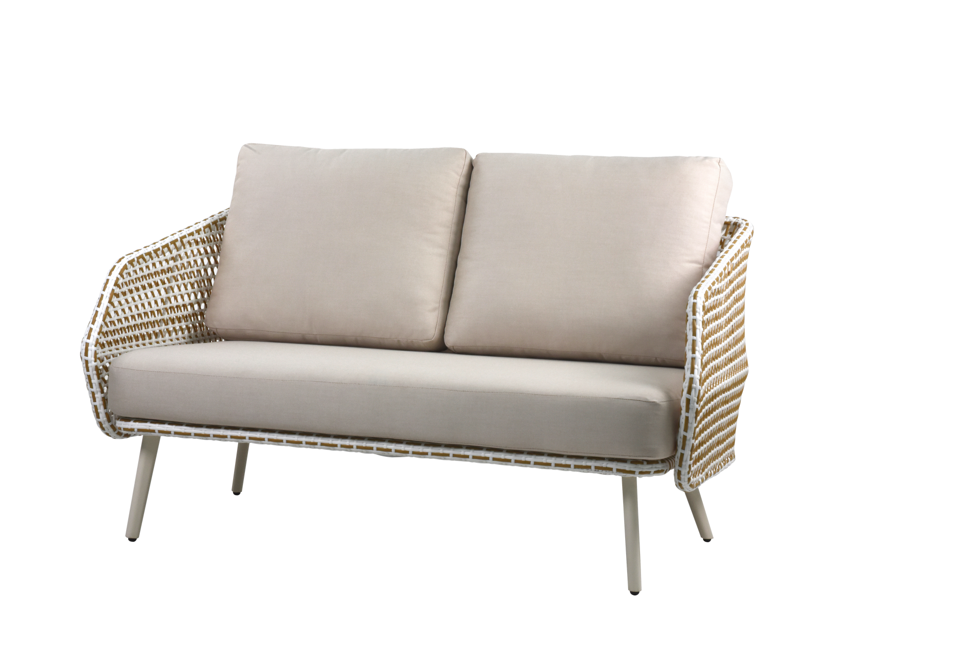 This is a sleek, modern outdoor two-person sofa. The white frame is paired with a two-tone woven design, featuring a white base with brown detailing, creating a horizontal texture. The plush seat and back cushions are upholstered in light beige linen fabric.