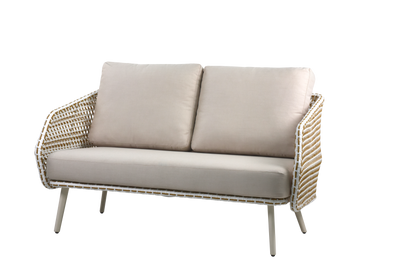 This is a sleek, modern outdoor two-person sofa. The white frame is paired with a two-tone woven design, featuring a white base with brown detailing, creating a horizontal texture. The plush seat and back cushions are upholstered in light beige linen fabric.